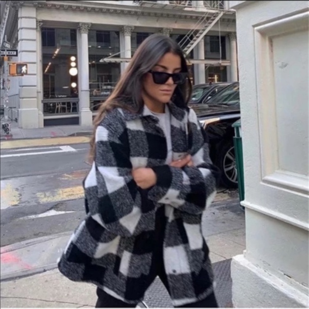 Boyfriend Fit Plaid Jacket Coat Black White - Picture 12 of 16